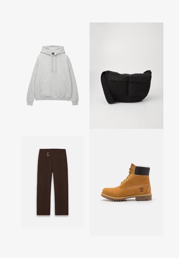 Felpa grigia chiara realizzata in morbido misto cotone, con cappuccio regolabile, tasca a marsupio frontale e polsini e orlo a coste.; Pantaloni marroni a gamba larga realizzati in tessuto liscio, con chiusura a zip e un moschettone come accentuazione distintiva, dotati di due tasche laterali.; Stivale alla caviglia in pelle marrone con occhielli metallici, fodera in pelliccia bianca, colletto imbottito nero, suola robusta e logo impresso sul lato.; Borsa a tracolla in corduroy nero con spallaccio regolabile, dotata di tasche frontali e una texture morbida. Design compatto con dettagli minimi.