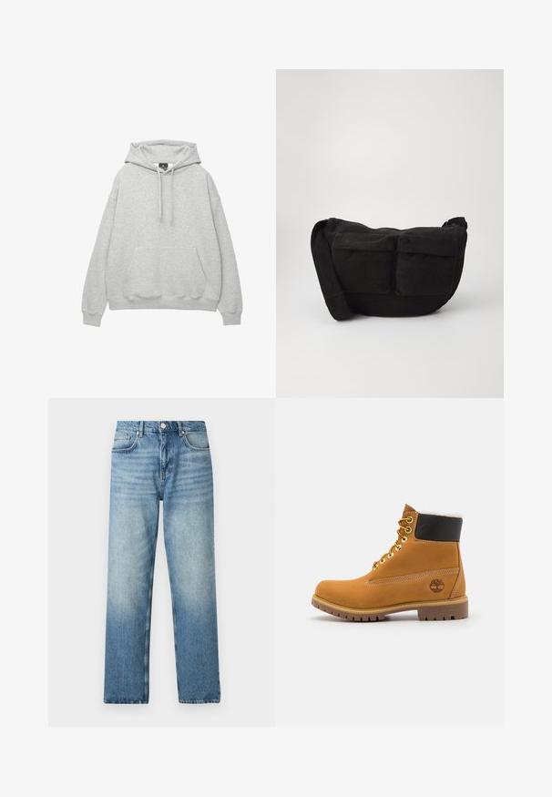 Hoodie gris clair en mélange de coton doux, avec une capuche à cordon de serrage, une poche avant à rabat et des poignets et un ourlet côtelés.; Jean en denim bleu clair à coupe droite, avec une fermeture à bouton, cinq poches, et un léger délavage près de l'ourlet. Texture plate.; Bottine en cuir brun avec œillets en métal, doublure en fourrure blanche, col rembourré noir, semelle robuste et logo en relief sur le côté.; Sac en velours côtelé noir à bandoulière réglable, doté de poches avant et d'une texture douce. Design compact avec peu de détails.