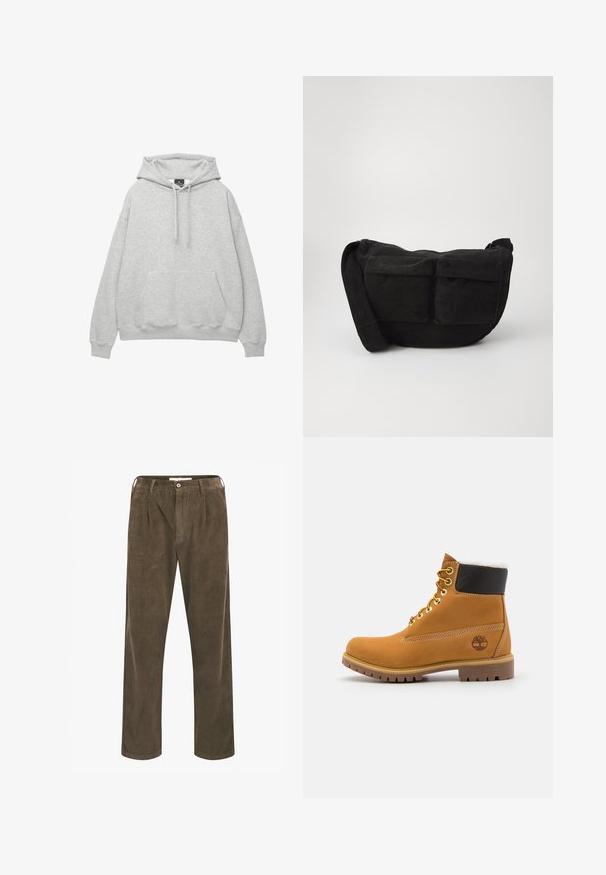 Lichtgrijze hoodie van een zachte katoenmix, met een trekkoordkap, een voorzak en ribgebreide manchetten en zoom.; Bruine corduroy broek met verticale ribbels, een ontspannen pasvorm, voorplooien en een enkele knoopsluiting.; Bruine leren enkellaars met metalen oogjes, witte faux bont voering, zwarte gewatteerde kraag, robuuste zool en een reliëflogo aan de zijkant.; Zwarte corduroy schoudertas met verstelbare strap, voorzien van voorzakken en een zachte textuur. Compact ontwerp met minimale details.