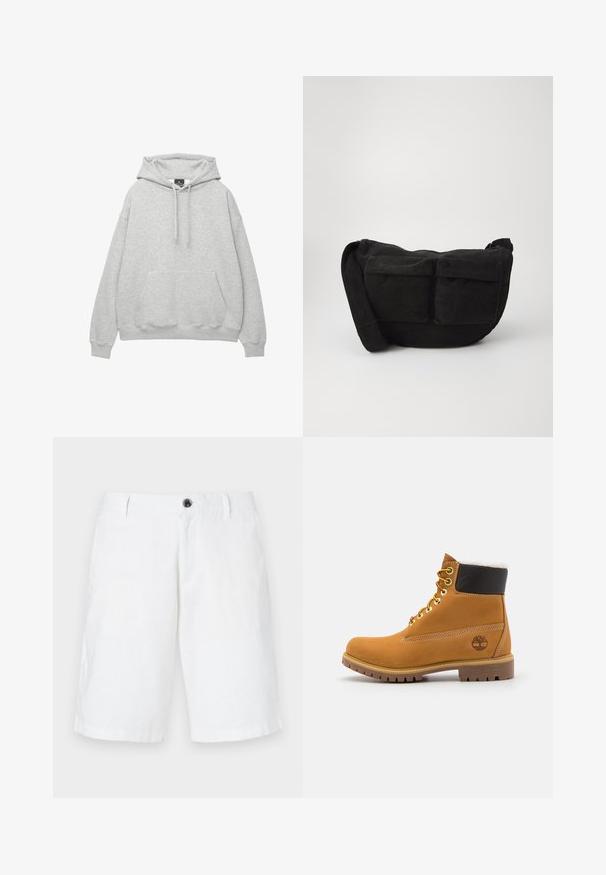 Svetlo siva kapuca iz mešanice mehkega bombaža, z vrvico za regulacijo, sprednji žep in rebraste manšete ter rob.; Bela lanena kratka hlače z ohlapnim krojem, z enim gumbom za zapiranje, zanko za pas in stranskimi žepi. Gladka tekstura in ravna obroba.; Rjave usnjene gležnjarje z metalnimi luknjami, belim krznom na notranji strani, črnima oblazinjeno ovratnikom, trdo podplatom in vtisnjenim logotipom na strani.; Črno kordurojno crossbody torbico z nastavljivim trakom, ki ima sprednje žepe in mehko teksturo. Kompaktna zasnova z minimalnim okrasjem.