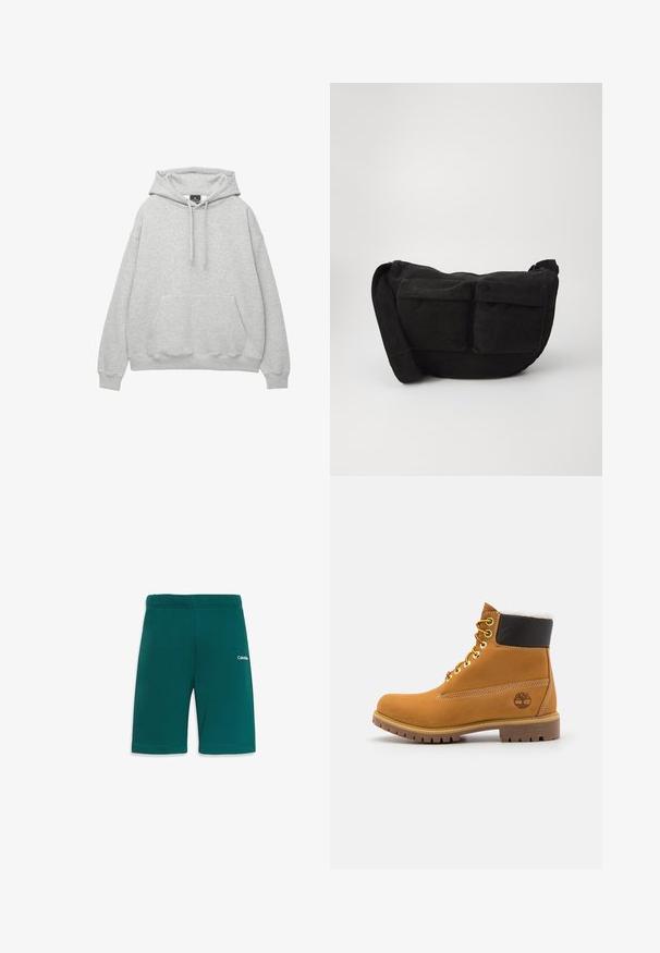 Lichtgrijze hoodie van een zachte katoenmix, met een trekkoordkap, een voorzak en ribgebreide manchetten en zoom.; Teal sportshorts met een elastische tailleband, met een gladde textuur en een klein wit logo aan de rechter voorkant.; Bruine leren enkellaars met metalen oogjes, witte faux bont voering, zwarte gewatteerde kraag, robuuste zool en een reliëflogo aan de zijkant.; Zwarte corduroy schoudertas met verstelbare strap, voorzien van voorzakken en een zachte textuur. Compact ontwerp met minimale details.