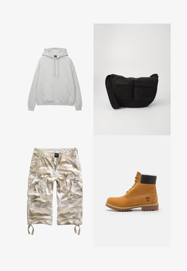 Világosszürke kapucnis pulóver, puha pamut keverékből készült, húzózsinóros kapucnival, elülső zsebbel és bordás mandzsettával, valamint alsó résszel rendelkezik.; Beige terepmintás cargo sort, amely számos zsebbel, gombos záródással és húzózsinórral rendelkezik az alján, könnyű, tartós anyagból készült.; Barna bőrből készült bokacsizma fém fűzőlyukakkal, fehér szőr béléssel, fekete párnázott gallérral, strapabíró talppal és dombornyomott logóval az oldalán.; Fekete kordbársony keresztpántos táska állítható pánttal, elülső zsebekkel és puha tapintással. Kompakt dizájn minimális részletezéssel.