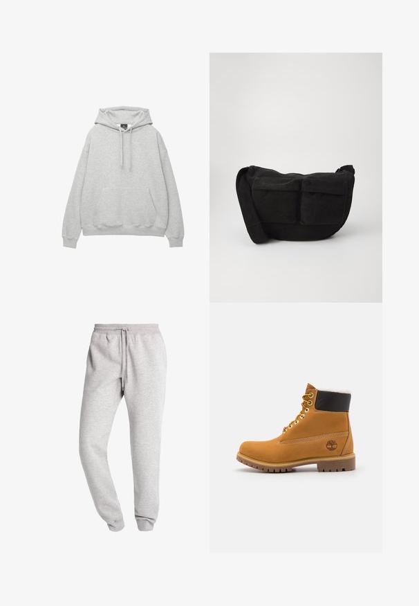 Svetlošedá mikina s kapucňou vyrobená z mäkkej bavlnenej zmesi, ktorá má šnúrku na kapucni, prednú vrecko a rebrované manžety a spodný lem.; Urban Classics BASIC SWEATPANTS - Tepláky - grey; Hnedé kožené ankle boot s kovovými očkami, bielym kožúškom vo vnútri, čiernym vypolstrovaným golierom, robustnou podrážkou a vyrazeným logom na boku.; Čierna kordurová crossbody taška s nastaviteľným popruhom, obsahujúca predné vrecká a mäkkú textúru. Kompaktný dizajn s minimálnym zdobením.