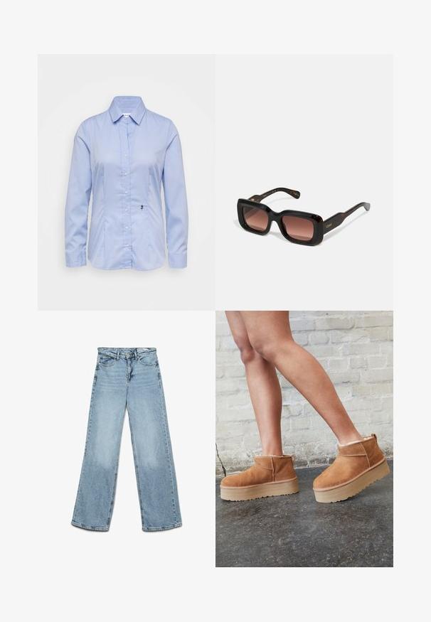 Vero Moda Tall VMHAPPINESS ROLLNECK - Maglione - coffee bean; Camicia azzurra chiara a maniche lunghe, con bottoni, realizzata in tessuto liscio; presenta un colletto e un piccolo ricamo di una rosa nera sul lato sinistro in basso.; Jeans a gamba larga blu chiaro, realizzati in denim, con un classico design a cinque tasche e una vestibilità dritta con una leggera scoloritura sulle gambe.; Stivali alla caviglia in suede marrone con una fodera morbida, suola platform spessa beige e un'asola posteriore. Superficie testurizzata con dettagli di cucitura ben visibili.; Occhiali da sole rettangolari con montatura in tartaruga scura, lenti marroni sfumate e logo dorato sulle tempie. Texture liscia, design audace.; Orologio in acciaio inossidabile oro e argento con quadrante bianco rotondo, marcatori minimalisti e un bracciale in metallo bicolore. Presenta una corona sul lato.