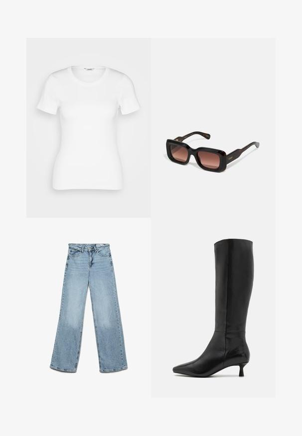 Vero Moda Tall VMHAPPINESS ROLLNECK - Striktrøje - coffee bean; Hvid bomulds T-shirt med korte ærmer, rund halsudskæring og ribbet tekstur. Tætsiddende design med en glat, ren finish.; Lys blå bukser med brede ben, lavet af denim, med et klassisk fem-lomme design og lige snit med minimal fade-effekt på benene.; Zign Høje støvler/ Støvler - black; Rektangulære solbriller med mørke skaldede rammer, gradient brune linser og guldbranding på stængerne. Glat overflade, dristig design.