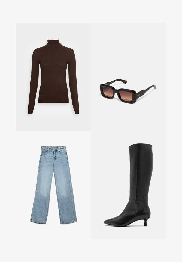 Vero Moda Tall VMHAPPINESS ROLLNECK - Džemperis - coffee bean; Šviesiai mėlynos plačios kojų džinsai, pagaminti iš džinsinio audinio, su klasikiniu penkių kišenių dizainu ir tiesiai kirpimu, su minimaliu blukimu ant kojų.; Zign Batai - black; Stačiakampiai saulės akiniai su tamsiais šelako rėmeliais, gradientinėmis rudomis stiklinėmis ir auksinėmis detalėmis ant šventyklų. Lygi tekstūra, ryškus dizainas.; Juodas zomšos sankabos krepšys su užtrauktuku ir nuimamu riešo dirželiu. Krepšys turi auksinės spalvos detales ir lygią, matinę tekstūrą.