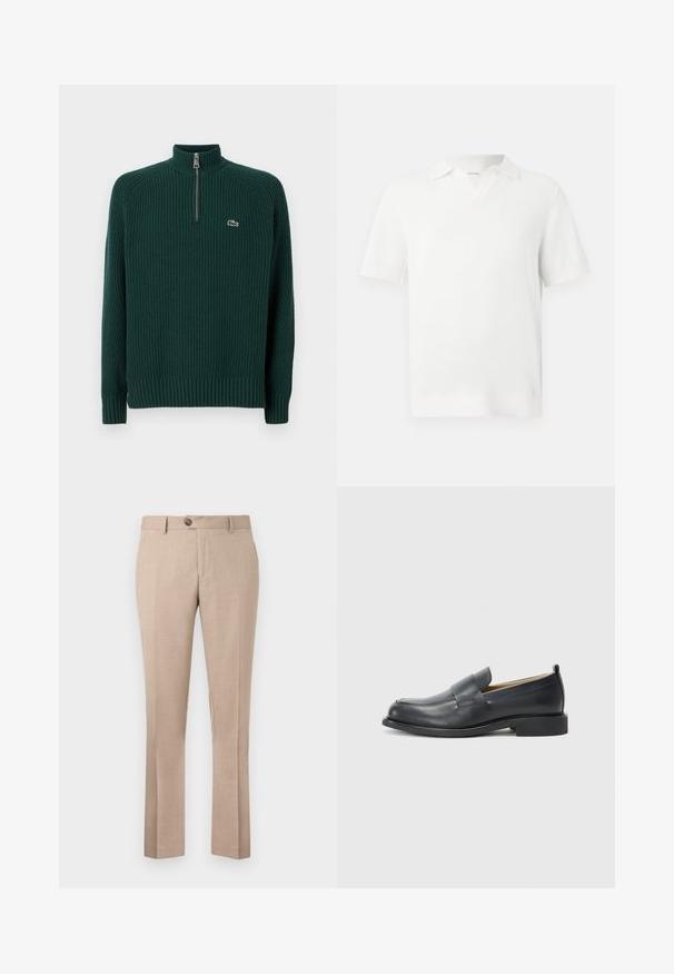 Tamsiai žalia viršutinė megzta palaidinė su aukštu apykakle ir ketvirčiu užtrauktuku. Yra mažas, siuvinėtas logotipas kairėje krūtinės pusėje.; Baltas trumpomis rankovėmis polo marškinėliai su tekstūruota mezgimo struktūra, V formos apykakle ir raštuotais rankogaliais, suteikiančiais prigludusį vaizdą.; Šviesiai rudos kelnės, pagamintos iš lengvos medžiagos, turi tiesų fasoną, vieną mygtuko užsegimą ir dvi priekinės kišenes.; Juodi odiniai loaferiai su lygia danga, plokščiu padu ir apvaliu pirštu, papuošti dekoratyvia juostele per viršų.