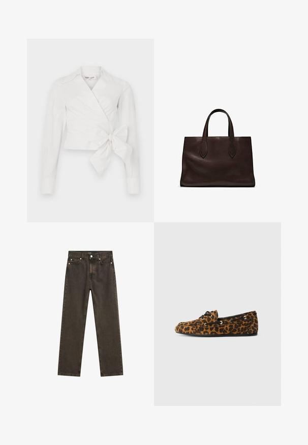 Dark green turtleneck sweater made of soft fabric, featuring long sleeves and a ribbed neckline, with a relaxed fit and minimalistic design.; White wrap blouse with long sleeves, collar, and front tie detail. Made from smooth fabric with a slightly structured design.; Dark brown straight-leg jeans made of denim, featuring a classic five-pocket design, metal hardware, and visible stitching details.; Leopard-print loafers with a soft texture, rounded shape, black laces, and gold eyelets, featuring a flat rubber sole.; Brown leather tote bag with two elongated handles, structured rectangular shape, smooth texture, and subtle stitching details.; Gold-colored hoop earrings with a curved, irregular shape and a smooth, polished texture. No visible hardware or accents.