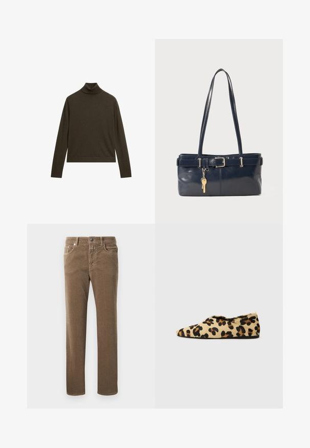 Donkergroene coltrui gemaakt van zachte stof, met lange mouwen en een geribbelde halslijn, in een ontspannen pasvorm en minimalistisch ontwerp.; Bruine corduroy recht gesneden broeken met voorzakken, riemlussen en knoopsluiting op een witte achtergrond.; Luipaardprint platte schoenen van zacht bont, met een puntige neus en een lage profiel. Natuurlijke tinten met zwarte accenten.; Marine leren handtas met twee lange hengsels, een gespdetail en een sleutelhanger eraan bevestigd. Heeft een gladde textuur en een rechthoekige vorm.; Zilveren gedraaide ring met een golvend ontwerp. Gladde textuur en spiegelafwerking, met twee in elkaar grijpende secties voor een doorlopend uiterlijk.