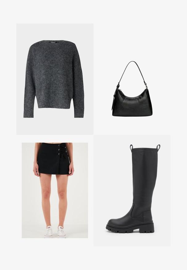 ONLY ONLMOON LIFE SLIT - Neule - dark grey; LELA Shortsit - black; Musta polvipitkä saapas, joka on valmistettu sileästä nahasta, paksupohjaisella ja kevyellä korokkeella. Varustettu vetonauhoilla ja joustavilla sivupaneeleilla helppoa pukeutumista varten.; Mustan synteettisen nahkan käsilaukku, jossa on kaareva muoto, lyhyt kahva, vetoketjukiinnitys ja hienovarainen tekstuuri pinnassa.