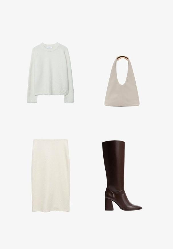 Kremowy sweter o teksturowanym wykończeniu, z prążkowanym dekoltem i mankietami oraz raglanowymi rękawami. Wykonany z miękkiego, ciepłego materiału.; Spódnica biała o długości średniej, prosta, wykonana z teksturowanej tkaniny z delikatnym wzorem splotu. Brak widocznych elementów metalowych lub ozdób.; Brązowy skórzany but do kolan z szpiczastym noskiem i kwadratowym obcasem, charakteryzujący się gładką teksturą i eleganckim wzornictwem. Ozdobne przeszycia w okolicy kostki.; Jasnoszara skórzana torba o kształcie litery U z zakrzywionym metalowym uchwytem. Gładka tekstura z minimalnymi szwami i bez widocznych wzorów.