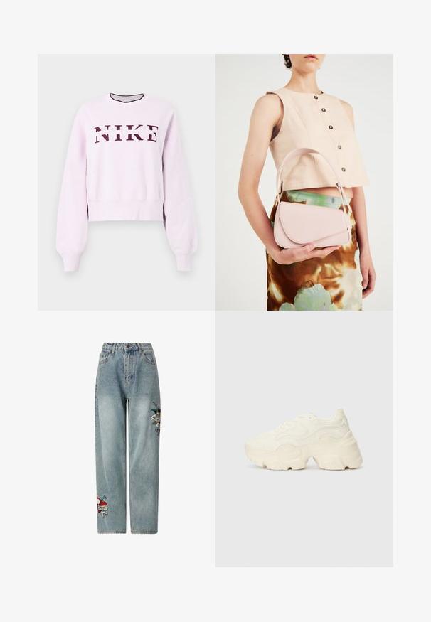 Lichtroze Nike sweatshirt met lange mouwen, voorzien van maroon logo tekst op de borst en geribbelde manchetten en onderkant.; Lichtblauwe denim jeans met een hoge taille, losse pasvorm en geborduurde rode hart- en zwaluwontwerpen op de voorkant van de pijpen.; Chunky witte sneakers gemaakt van geperforeerd mesh en synthetische materialen, met een dikke zool en ingewikkelde patroon details aan de zijkanten.; Roze leren handtas met een gebogen klep, één schouderband en strakke lijnen. De tas vertoont een gladde textuur en een minimalistisch ontwerp.