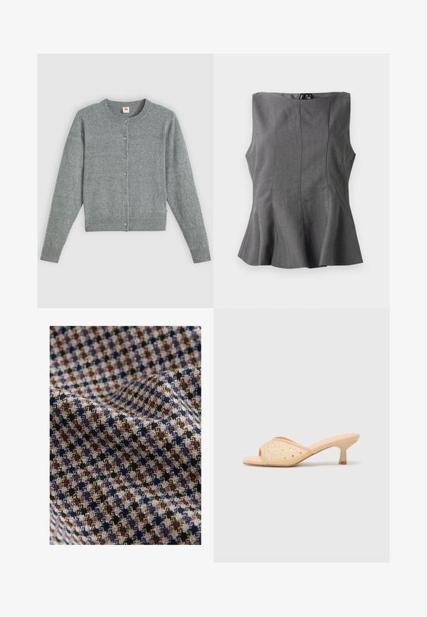 Sivi kardigan dugih rukava od meke mješavine vune, s okruglim izrezom, zatvaranjem na gumbe te rebrastim rubovima i manžetama.; Siva peplum gornji dio s čvrstim dizajnom bez rukava. Izrađen od glatkog materijala, s vertikalnim šavovima i ravnim dekolteom.; Tekstil u karo uzorku koji sadrži bež, smeđe, mornarsko plave i crne boje s teksturiranim završetkom. Mekani i lepršavi izgled.; Bež mules s otvorenim prstima i potpeticom, s glatkom mat završnom obradom, ukrašene dekorativnim prozirnim rhinestones raspoređenim u uzorak na gornjem dijelu.