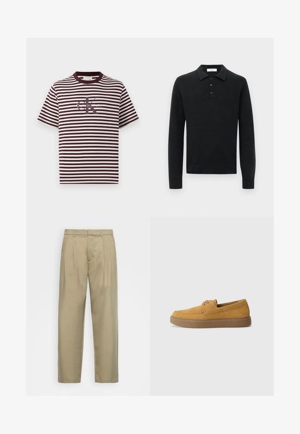 Melna garā piedurkne adīta polo džemperis ar trim melnām pogām un nolokāmām apkaklēm, izstādīts uz baltas fona.; Striķota T-krekls bordo un krēmkrāsā ar apaļu kakla izgriezumu un īsām piedurknēm. Centrā atrodas "Calvin Klein" logo. Mīksta auduma tekstūra.; Bēša, augstās jostas bikses ar taisnu piegriezumu, ar plakanu priekšpusi, sānu kabatām un gludu, teksturētu audumu.; Browningas zamšs slip-on apavi ar teksturētu virsmu, noapaļota purngala un kontrastējoša gumijas zole. Satur smalku zīmolu tuvumā papēžam.