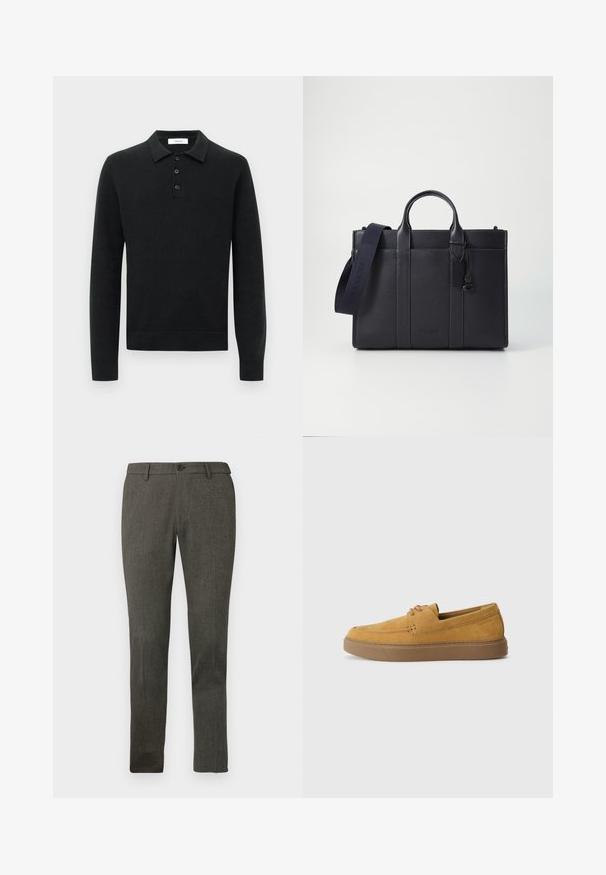 Sort langærmet strikket polo-sweater med tre sorte knapper og nedfoldet krave, præsenteret på en hvid baggrund.; Slim-fit herre bukser i mørkegrå farve med bæltesløjfer, knap foran og en diskret tekstureret stof.; Brune ruskinds slip-on sko med en struktureret finish, rund tå og en kontrasterende gummisål. Har diskret branding nær hælen.; Mørkeblå læderaktet med dobbelte topgreb og en aftagelig rem. Har tekstureret overflade, lodret syning og logodetalje.