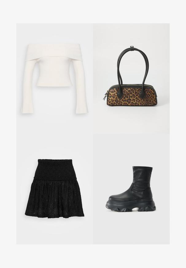Top de malha canelada, off-the-shoulder, em branco. Design cropped com mangas longas que se alargam nos pulsos. Textura suave, com detalhes mínimos.; Saia preta com uma cintura franzida e design em camadas, apresentando padrões florais bordados e um tecido texturizado.; Bota preta até ao meio da panturrilha com parte superior em couro liso e sola espessa e esculturada com padrão de profundidade.; Bolsa de mão com estampa de leopardo, base em couro sintético preto, alças duplas no topo, fecho dourado e abas em couro sintético preto. Forma retangular.