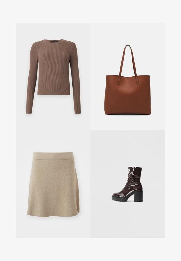 Pulover lung cu maneci lungi, de culoare maro, cu guler rotund și design mulat. Fabricat dintr-un material moale, cu un finisaj texturat.; Fustă bej dintr-un material moale, cu un design în formă de A, care are o textură subtilă și o margine dreaptă. Culoare solidă, fără modele sau accente vizibile.; Botine lucioase burgundy, cu toc gros negru, având o textură netedă și un design simplu. Fără închideri sau modele vizibile.; Geantă de umăr din piele maro cu o textură netedă, design cu vârf deschis și două curele pentru umăr. Prezintă cusături minime și fără componente metalice vizibile.