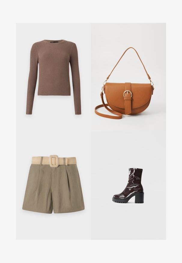 Sweater castanho de manga longa com textura, com um decote redondo e design justo. Feito de material suave, com um acabamento texturizado.; Calções caquis com pregas, apresentando um cinto largo de palha bege e uma fivela retangular adornada com pequenos detalhes brancos.; Bota de tornozelo burgundy brilhante com um salto preto robusto, apresentando uma textura suave e um design simples. Sem fechos ou padrões visíveis.; Bolsa transversal de couro castanho com um formato curvado, ferragens douradas e um detalhe de fivela. Inclui uma alça de ombro destacável.