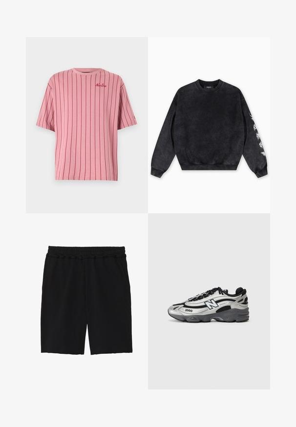 Svart genser laget av mykt materiale, med rund hals, ribbede mansjetter og en grafisk design i hvitt på venstre erme.; Rosa stripete t-skjorte laget av bomull, med korte ermer, rund hals og brodert tekst i en mørkere rosa.; Sorte bomullsshorts med elastisk midjebånd, to sidelommer, en avslappet passform og råkanter i kanten for et uformelt utseende.; Sølv- og svarte treningssko med mesh-overdel, polstret såle, snøring og sidebranding.