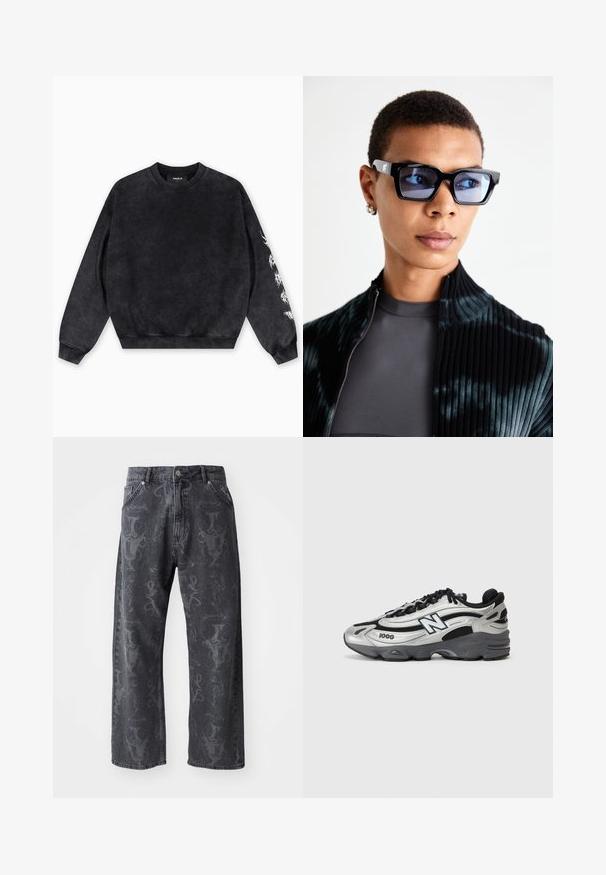 Hanorac negru din material moale, cu guler rotund, manșete riburate și un design grafic alb pe mâneca stângă.; Blugi din denim gri închis cu picioare largi, având un model grafic tonal subtil și un design clasic cu cinci buzunare. Închidere standard cu nasture și fermoar.; Încălțăminte sportivă argintie și neagră cu un superior din plasă, talpă cu amortizare, design cu șiret și detalii de branding pe lateral.; Ochelari de soare alb-negru cu rame dreptunghiulare și lentile cu nuanță albastră, purtați împreună cu o jachetă neagră cu fermoar, cu textură în relief, peste o cămașă gri.