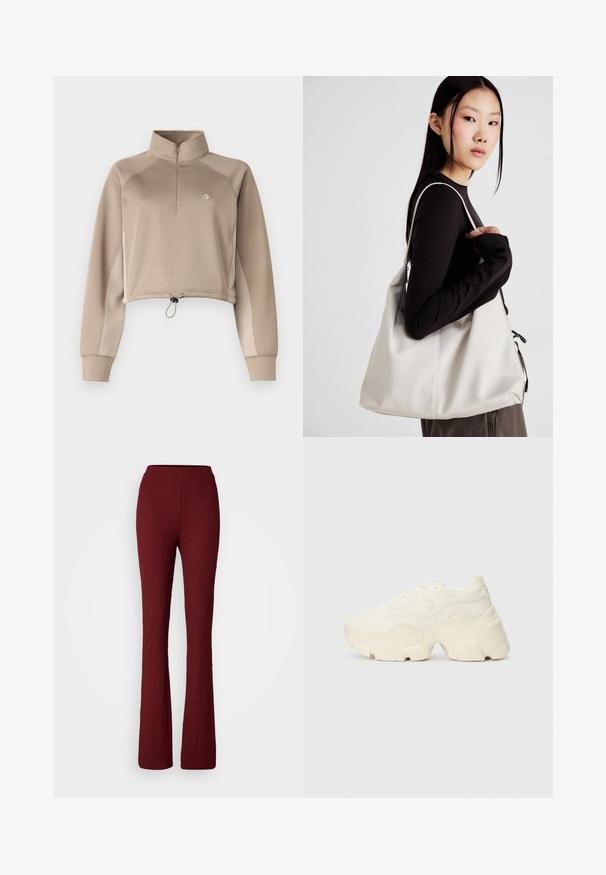 Bež pulover krojenega kroja z visokim ovratnikom, četrt-zip spredaj in robom s vrvico. Ima dolge rokave s kontrastnimi stranskimi paneli.; Burgundske široke hlače z ribasto teksturo, ki se ponašajo z elastičnim pasom in polno dolžino.; Debele bele športne copate, izdelane iz teksturirane mrežaste in sintetične materialov, z debelim podplatom in zapletenimi vzorčičnimi detajli ob straneh.; Bežna torbica iz mehkega materiala, z ohlapno zasnovo, šivi in dvema naramnicama. Primerna za vsakodnevno uporabo.