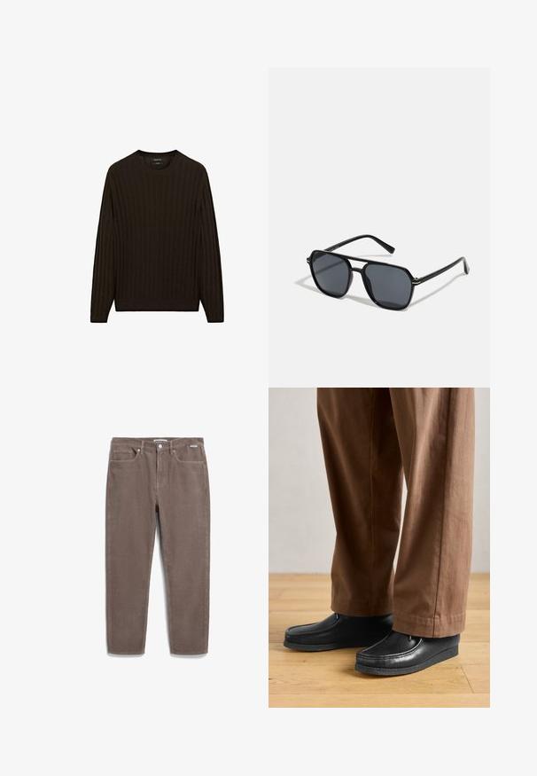 Pull en maille côtelée marron avec des manches longues et un col rond. Présente un tissu texturé et une coupe ajustée à la taille et aux poignets.; Pantalon en velours côtelé marron avec une coupe droite, cinq poches et une fermeture à boutons. Tissu texturé avec des côtes verticales.; Chaussures en cuir noir au design mocassin avec des détails de couture, accompagnées de pantalons bruns, sur un sol en bois.; Lunettes de soleil noires avec monture octogonale, verres foncés, finition brillante, branches fines et accents dorés sur l'avant.