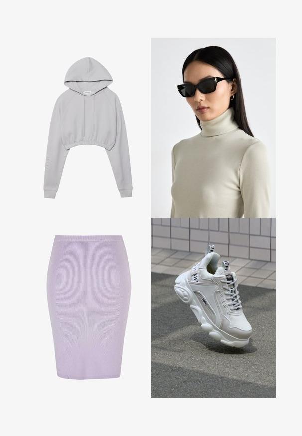 Lys grå cropped hettegenser med snor i hetten, raglanermer, ribbet kant og teksten "ACTIVE" på den ene ermen.; Ribbede blyantskjørt i lys lilla med en tettsittende design. Har høy midje, glatt tekstur og knelengde.; Hvit sneaker laget av mesh og lær, rund tå, tykk såle, fremtredende lisser, og merkevare på hælen og tungen.; Svarte rektangulære solbriller med tykke rammer, med detaljer i gull. Modellen har på seg en lys beige ribbestrikket høyhalset topp.