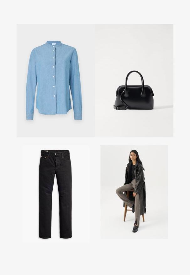 Langermet olivengrønn strikkegenser med ribbestrikkede mansjetter, kant og rund hals på hvit bakgrunn.; Lyseblå knapp-down skjorte laget av denimstoff. Har rund krage, lange ermer, og perlemorsknapper foran.; Sorte denim jeans med rett snitt, fem-lomme design og knappestolpe-lukking. Har kobbernitter og sømdetaljer.; Svart lærtrenchcoat med knapper og beltedetalj, kombinert med lysebrune, tettsittende bukser og svarte loafers, sittende på en trestol.; Osoi BOAT BROT - Håndveske - black