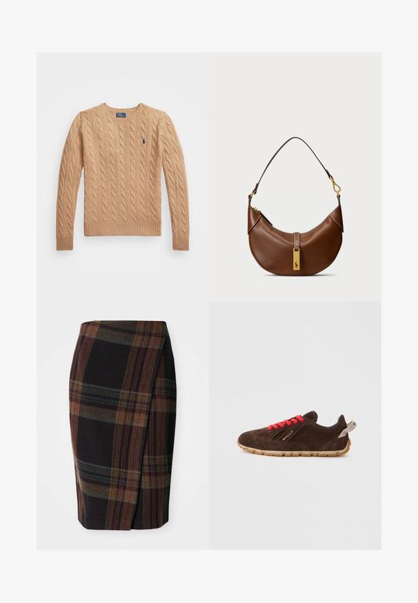 Beige cable-knit sweater with a crew neckline, ribbed cuffs and hem, and a small logo on the left chest. Soft, textured fabric.; Tartan pencil skirt in dark colors with horizontal and vertical patterns. Made of wool, featuring a side slit for ease of movement.; Brown suede sneaker with red laces, rubber outsole, and gold logo. Features a round toe and a soft, textured surface.; Brown leather shoulder bag with curved shape, gold hardware, top clasp detail, and a logo accent. Smooth texture with stitched edges.