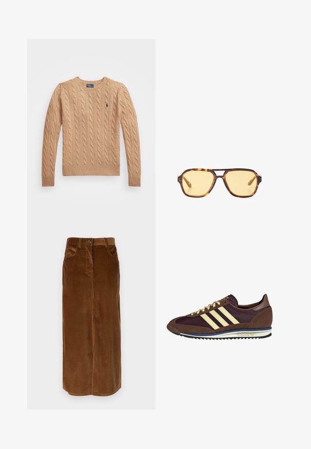 Maglione beige a treccia con collo rotondo, polsini e orlo a coste, e un piccolo logo sul petto a sinistra. Tessuto morbido e strutturato.; Weekend Max Mara GHIOTTO - Gonna lunga - nocciola; Sneaker marrone e bordeaux realizzato in materiali scamosciati e in rete, caratterizzato da tre strisce color crema, tessuto testurizzato sulla linguetta e suola in gomma.; Occhiali da sole tartarugati con design geometrico, lenti gialle e dettagli in metallo sulle tempie. Montatura ampia e texture opaca.; Borsa a spalla in pelle marrone con forma curvata, hardware dorato, dettaglio con gancio superiore e accento con logo. Texture liscia con bordi cuciti.