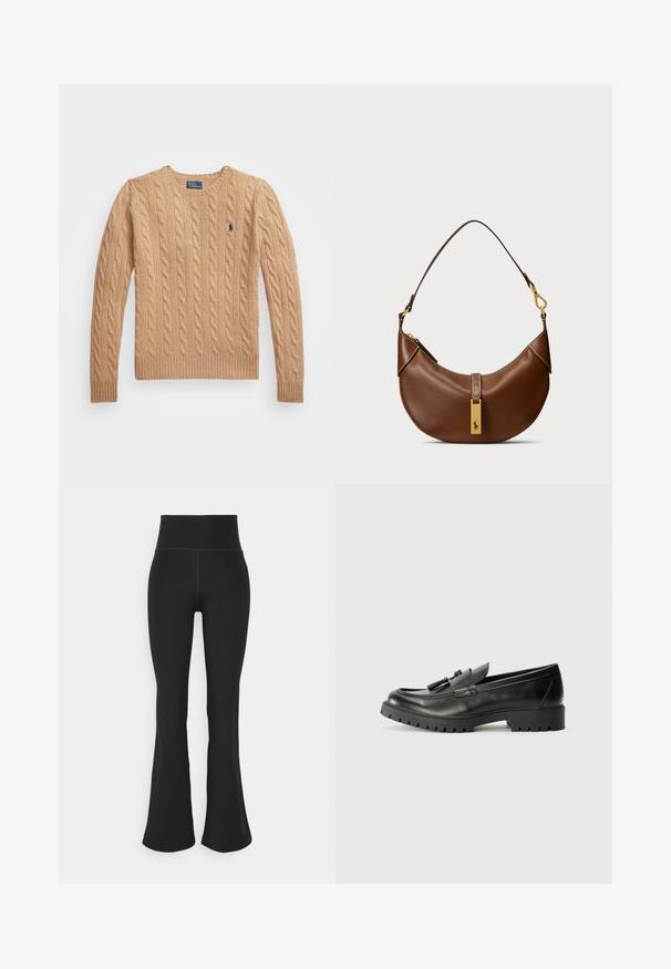 Bežani džemper s pletenom teksturom, okruglim izrezom, rebrastim manžetama i rubom, te malim logotipom na lijevoj strani prsa. Mekana, teksturirana tkanina.; Crne flare tajice s visokim strukom, izrađene od rastezljivog materijala. Glatka tekstura s minimalnim detaljima šavova.; Crne kožne mokasine s zaobljenim vrhom, istaknutim šavovima i teksturiranom gumenom potplatom. Sadrži dekorativne pribore na gornjem dijelu.; Smeđa kožna torba za rame s zakrivljenim oblikom, zlatnim dijelovima, detaljem gornjeg kopčanja i naglaskom na logu. Glatka tekstura s ušivenim rubovima.