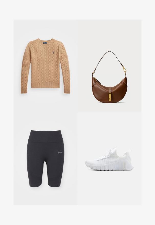 Maglione beige a treccia con collo rotondo, polsini e orlo a coste, e un piccolo logo sul petto a sinistra. Tessuto morbido e strutturato.; ICANIWILL SOFT SEAMLESS BIKER SHORTS - Leggings - black; Scarpa sportiva bianca con tomaia testurizzata, chiusura a lacci piatti e suola in gomma prominente con scanalature verticali. Presenta un logo sul lato.; Borsa a spalla in pelle marrone con forma curvata, hardware dorato, dettaglio con gancio superiore e accento con logo. Texture liscia con bordi cuciti.