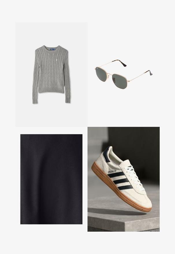 Grijze kabelgebreide trui met lange mouwen, een geribbelde zoom en een ronde hals. Kleine logo-accent op de borst.; Zwarte stof met een gladde, matte textuur. Het oppervlak heeft een lichte glans, waarmee de fijne weving zichtbaar is en er geen zichtbare patronen of accenten zijn.; Witte suède sneakers met marineblauwe strepen, rubberen gumzool, gestructureerde bovenkant, ronde neus en veters; heeft branding aan de zijkant en op de tong.; Gouden metalen zonnebril met donkergroene lenzen, aviator-stijl, met slanke scharnieren en schildpad-accenten op de uiteinden.; Grijze synthetische draagtas met twee lange handvatten en een bijpassend klein met rits te sluiten etui met een kwastje. Gladde textuur met een subtiel patroon.