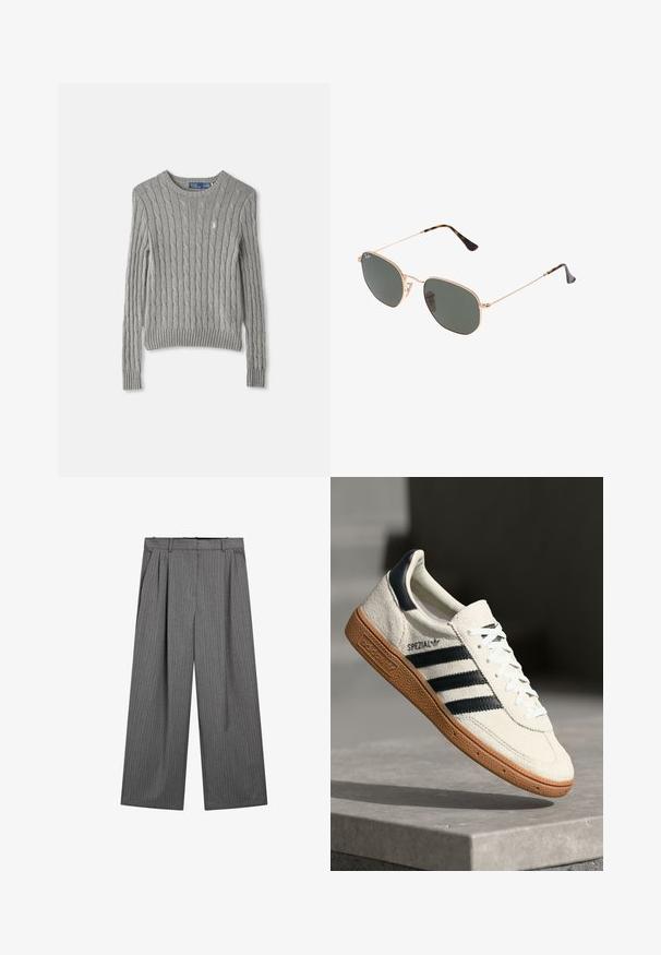 Grijze kabelgebreide trui met lange mouwen, een geribbelde zoom en een ronde hals. Kleine logo-accent op de borst.; Grijze wijde broek met verticale streepdessin, geplooide voorkant en een tailleband ontworpen voor comfort. Gladde stof en op maat gemaakte snit.; Witte suède sneakers met marineblauwe strepen, rubberen gumzool, gestructureerde bovenkant, ronde neus en veters; heeft branding aan de zijkant en op de tong.; Gouden metalen zonnebril met donkergroene lenzen, aviator-stijl, met slanke scharnieren en schildpad-accenten op de uiteinden.; Grijze synthetische draagtas met twee lange handvatten en een bijpassend klein met rits te sluiten etui met een kwastje. Gladde textuur met een subtiel patroon.