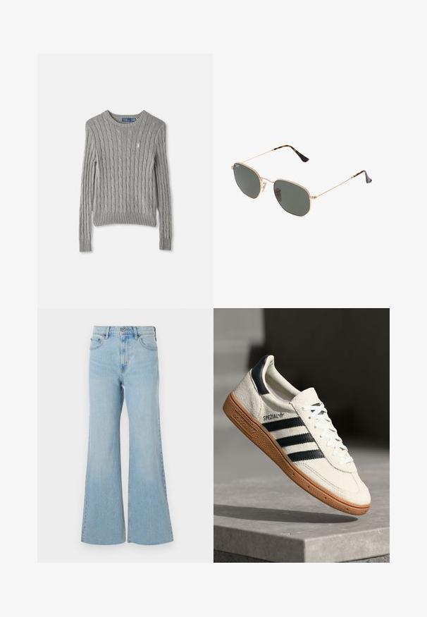 Sivi pulover s pletenim uzorkom koji ima duge rukave, rebrasti donji rub i okrugli izrez. Mali logotip na prsima.; Svijetloplave traperice s izrezom koje se šire, visokog struka, s klasičnim dugmetom i patent zatvaračem, s blagim izbljeđivanjem po cijelom materijalu.; Bijela suede tenisica s mornarsko plavim prugama, gumeni potplat od smole, teksturirani gornji dio, okrugli nos, i vezice; sadrži brendiranje sa strane i na jeziku.; Naočale s metalnim okvirom u zlatnoj boji i tamnozelenim lećama, avijatičarskog stila, sa tankim drškama i kornjačevim naglascima na vrhovima.; Siva sintetička torba s dugim drškama i pratećom malom torbicom na zip s resicom. Glatka tekstura s suptilnim uzorkom.