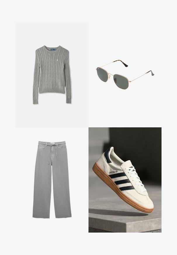 Grijze kabelgebreide trui met lange mouwen, een geribbelde zoom en een ronde hals. Kleine logo-accent op de borst.; Grijs denim broek met wijdout, een trekkoord in de taille, vijf zakken en een gestructureerde afwerking. Eenvoudig en veelzijdig ontwerp.; Witte suède sneakers met marineblauwe strepen, rubberen gumzool, gestructureerde bovenkant, ronde neus en veters; heeft branding aan de zijkant en op de tong.; Gouden metalen zonnebril met donkergroene lenzen, aviator-stijl, met slanke scharnieren en schildpad-accenten op de uiteinden.; Grijze synthetische draagtas met twee lange handvatten en een bijpassend klein met rits te sluiten etui met een kwastje. Gladde textuur met een subtiel patroon.
