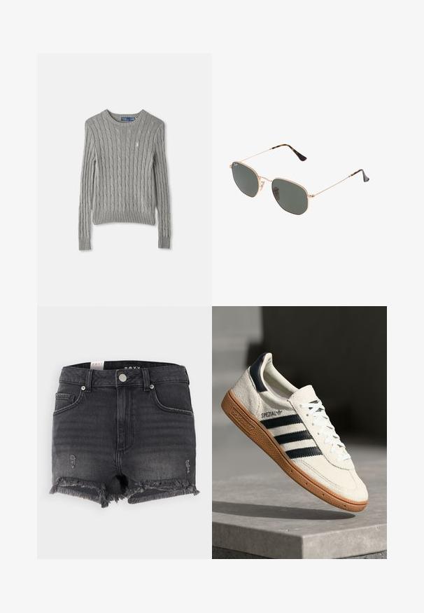 Grauer Kabelstrickpullover mit langen Ärmeln, einem gerippten Saum und einem Rundhalsausschnitt. Kleines Logo-Detail auf der Brust.; Schwarze Jeans-Shorts mit fransigem Saum, used-Look und metallischem Knopfverschluss. Sie verfügen über ein klassisches Design und einen Fünf-Taschen-Stil.; Weiße Wildleder-Sneaker mit marineblauen Streifen, Gummisohle, strukturiertem Obermaterial, runder Zehenform und Schnürung; mit Branding an der Seite und auf der Zunge.; Goldfarbene Metallrahmen-Sonnenbrillen mit dunkelgrünen Gläsern im Pilotenstil, mit schlanken Bügeln und Schildpatt-Akzenten an den Spitzen.; Graue synthetische Tragetasche mit zwei langen Griffen und einem passenden kleinen Reißverschlussbeutel mit Quaste. Glatte Textur mit dezentem Muster.