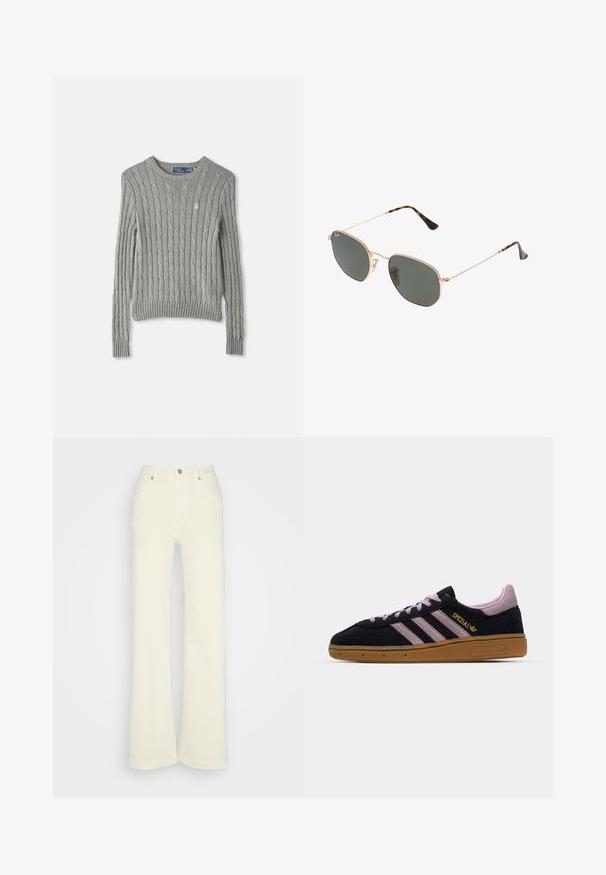 Hallide hallimisvard, millel on pikad varrukad, soonikümber ja ümmargune kaelus. Rinna peal väike logo aktsent.; GAP HIGH RISE STRIDE - Avar lõikega teksad - beach pebble; Mustad ja roosa nubukist tenniseking, millel on kummitald, kolm roosat triipu, kuldne "SPEZIAL" bränding ja tekstuuriga kummi aluspind. Madal paindlik disain.; Kuldne metallraamiga prillid tumeroheline lensega, piloot-stiil, millel on õhukesed käepidemed ja kilpkonna mustriga aktsendid otstes.; Hallhalli sünteetiline kott, millel on kaks pikka sangaga käepidet ja sobiv väike lukuga kott, millel on tut. Sile tekstuur koos peense mustriga.