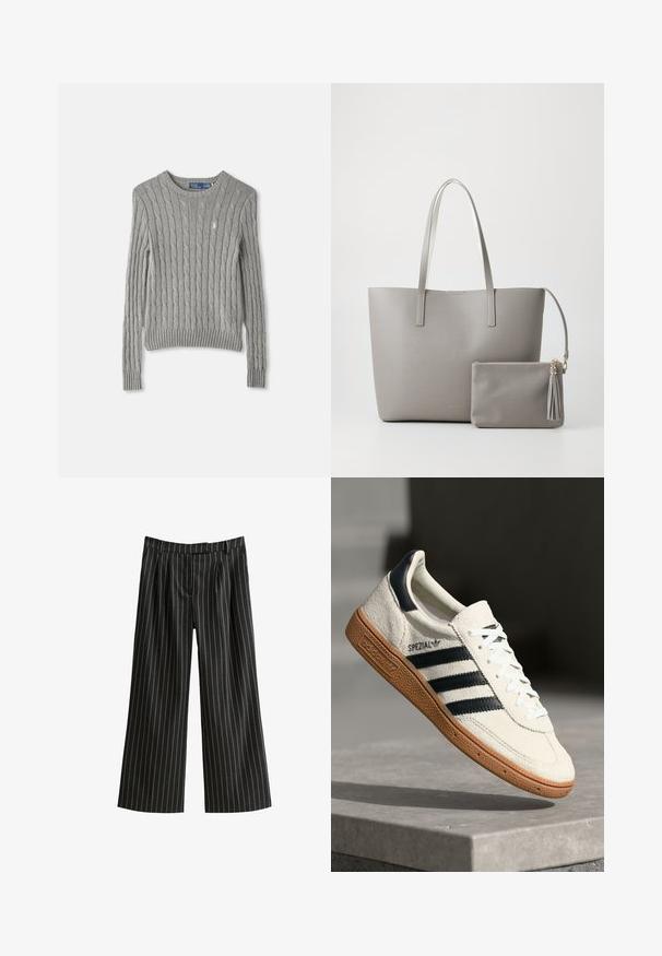 Grå kabelstickad tröja med långa ärmar, ribbad nederdel och rundad halsringning. Litet logga på bröstet.; Svartrandiga vida byxor med plisserad framsida. Tyget har tunna vita vertikala ränder och en strukturiserad yta.; Vita mockasnörning med marinblå ränder, gummisula, strukturerad ovandel, rund tå och snörning; har varumärke på sidan och tungan.; Grå syntetisk toteväska med två långa handtag och en matchande liten dragkedjepåse med en tofs. Slät textur med subtilt mönster.