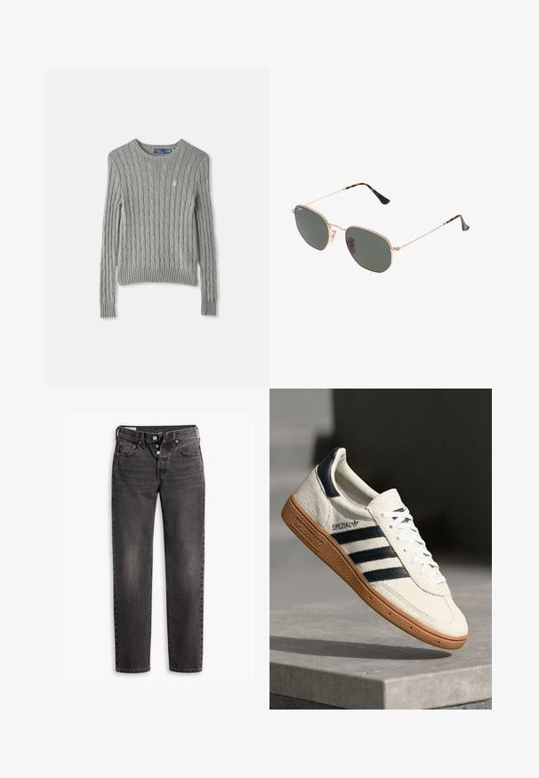 Grå kabelstrikket genser med lange ermer, ribbestrikket nederkant og rund hals. Lite logoakcent på brystet.; Mørk grå denimjeans med rett benformat, med knappestolpe, slitt tekstur og subtil falming på frontpanelene.; Hvite semskede sneakers med marineblå striper, gummisåle, teksturert overdel, rund tå og snøring; har merking på siden og tungen.; Gull metallrammede solbriller med mørkegrønne linser, pilotstil, med slanke armer og skilpaddeskall detaljer på tuppene.; Grå syntetisk totebag med to lange håndtak og en matchende liten glidelåspung med et dusk. Jevn tekstur med subtilt mønster.