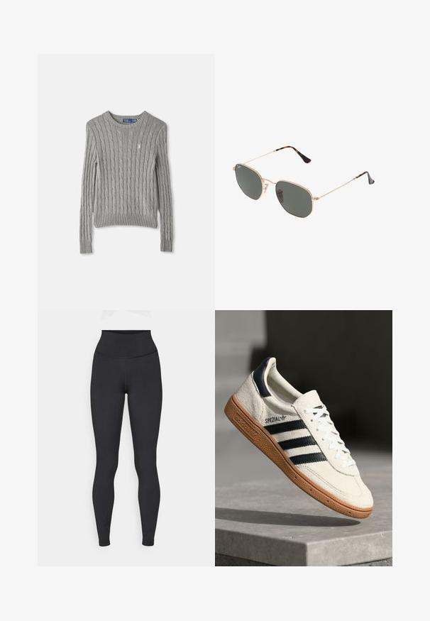 Szary sweter w splot warkoczowy z długimi rękawami, ribbowym dołem i okrągłym dekoltem. Mały akcent z logo na piersi.; Czarne legginsy z wysokim stanem, wykonane z elastycznego materiału, charakteryzujące się gładką fakturą i dopasowanym krojem, bez widocznych logo czy wzorów.; Białe zamszowe sneakersy z granatowymi paskami, gumową podeszwą, teksturowaną górą, okrągłym noskiem i sznurowaniem; posiadają logo po boku i na języku.; Złote okulary przeciwsłoneczne w stylu aviatora z ciemnozielonymi soczewkami, z wąskimi ramionami i akcentami w panterkę na końcach.; Szara sztuczna torba na ramię z dwoma długimi uchwytami oraz pasującą małą torbą na zamek z pomponem. Gładka tekstura z subtelnym wzorem.