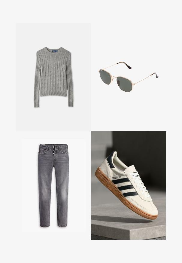 Hallide hallimisvard, millel on pikad varrukad, soonikümber ja ümmargune kaelus. Rinna peal väike logo aktsent.; Hallitatud hallid denim teksad kõrge vöökohtaga. Omavad viit taskut, nööbid ja tõmbluku, samuti peent kulumist ja kontrastset õmblust.; Valge suede toss, millel on tumesinised triibud, kummist alus, tekstureeritud pealis, ümar varvas ja paelad; külgedel ja keelel on brändingu elemendid.; Kuldne metallraamiga prillid tumeroheline lensega, piloot-stiil, millel on õhukesed käepidemed ja kilpkonna mustriga aktsendid otstes.; Hallhalli sünteetiline kott, millel on kaks pikka sangaga käepidet ja sobiv väike lukuga kott, millel on tut. Sile tekstuur koos peense mustriga.