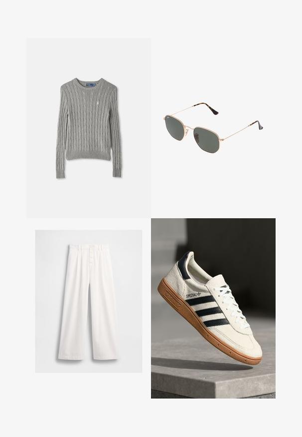 Gray cable-knit sweater featuring long sleeves, a ribbed hem, and a crew neckline. Small logo accent on the chest.; White wide-leg trousers made of a smooth fabric, featuring a high waist, visible front button closure, and neat stitching along the hems.; White suede sneaker with navy stripes, rubber gum sole, textured upper, round toe, and lacing; features branding on the side and tongue.; Gold metal-frame sunglasses with dark green lenses, aviator style, featuring slim arms and tortoiseshell accents on the tips.; Gray synthetic tote bag with two long handles and a matching small zippered pouch featuring a tassel. Smooth texture with subtle pattern.