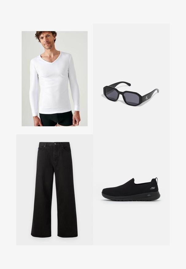 Damart INTERLOCK - Jersey de punto - White; Camisa de mezclilla negra con mangas largas, cuello de botonadura y herrajes plateados. Presenta un corte recto y una textura lisa.; Pantalones de denim anchos y negros con cierre de botón, cinco bolsillos y costuras en contraste. En la parte delantera, presenta una etiqueta de la marca en la cintura.; Zapatilla negra sin cordones con parte superior de malla transpirable, puntera redonda y suela de goma acolchada. Presenta un logotipo en el lateral.; Gafas de sol negras con un marco octagonal, lentes oscuros, material de plástico brillante y un acento de logo plateado en un lado.
