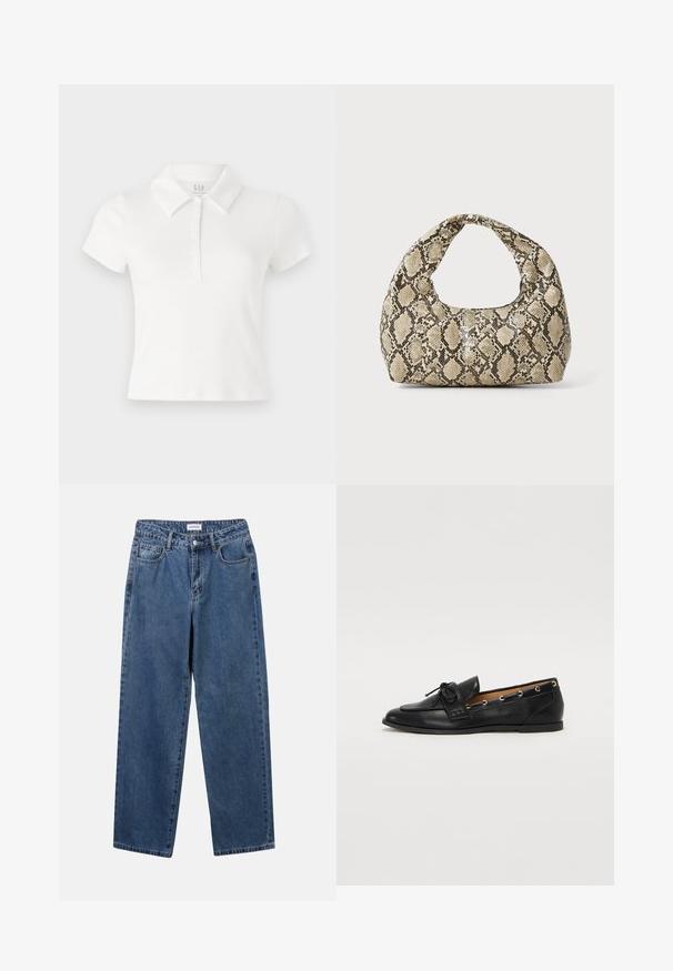 Pulover burgundy cu un model texturat în formă de fagure, guler rotund, mâneci lungi și manșete și tiv ribbate.; Cămașă polo albă din bumbac. Prezintă un guler, mâneci scurte și o deschidere cu nasturi în față. Textură netedă.; Jeans clasice din denim albastru, cu un design drept, cinci buzunare și închidere cu nasture. Prezentând o spălare medie și o textură rezistentă.; Mocasini din piele neagră cu fundiță legată, având accente aurii sub formă de ochiuri pe laterale și o talpă plată din cauciuc. Textură netedă, design clasic.; Geantă cu imprimeu de șarpe, având un mâner curbat. Fabricată din materiale texturate, bej și maronii, cu un model distinctiv în formă de diamant.