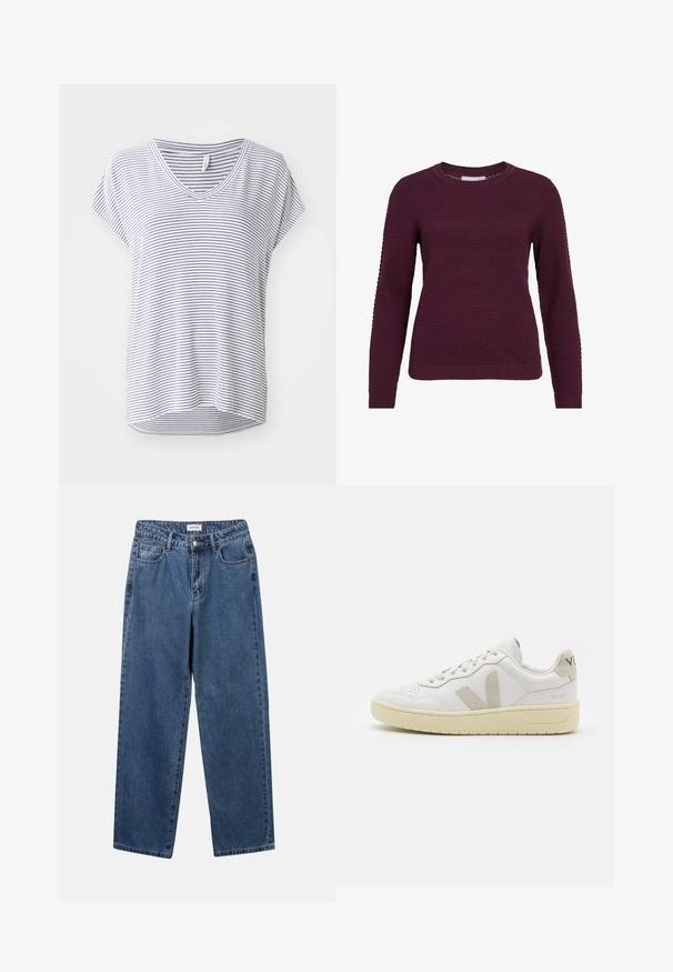 Bordeauxfärgad slipovertröja med en texturerad, bikupemönster, rund hals, långa ärmar samt ribbade muddar och nederkant.; Randig kortärmad V-ringad t-shirt i vitt och marinblått, med en avslappnad passform och rundad nederkant. Bomullsblandning för komfort.; Klassiska blå denimjeans med rak benform, fem fickor och knäppning. Har en medelblå tvättning och stadig textur.; Vita lädersneakers med beige mockadetaljer, perforerad tåbox, platta snören och en texturerad krämfärgad sula. Har diskret varumärkning på hälen.