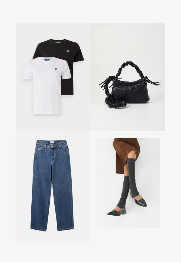 Burgunderfarget genser med teksturert, bikube-mønster, rund hals, lange ermer og ribbestrikkede mansjetter og nederkant.; To bomulls T-skjorter: en svart med en hvit hjerte-logo, en hvit med en svart hjerte-logo. Begge har klassisk rund hals og korte ermer.; Klassiske blå denimjeans med rett ben-design, fem lommer og knappelukking. Har en middels vask og solid tekstur.; Sorte lakkpumps med spiss tå, blokkhel, og ankelstropp, kombinert med grå ribbestrikkede beinvarmere og et brunt semsket skinn skjørt.; Svart faux skinn-håndveske med krokodilletekstur, strammet topp og en rynket stropp. Ser myk og kompakt ut i designen.