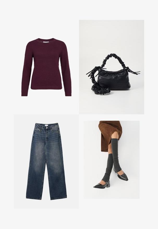 Burgundy pullover sweater with a textured, honeycomb pattern, round neck, long sleeves, and ribbed cuffs and hem.; Men’s high-waist blue denim jeans with wide legs, front button and zipper, and front and back pockets.; Black patent leather pointed-toe shoes with a block heel and ankle strap, paired with gray ribbed leg warmers and a brown suede skirt.; Black faux leather handbag with a crocodile texture, cinched top, and a scrunched strap. Appears soft and compact in design.
