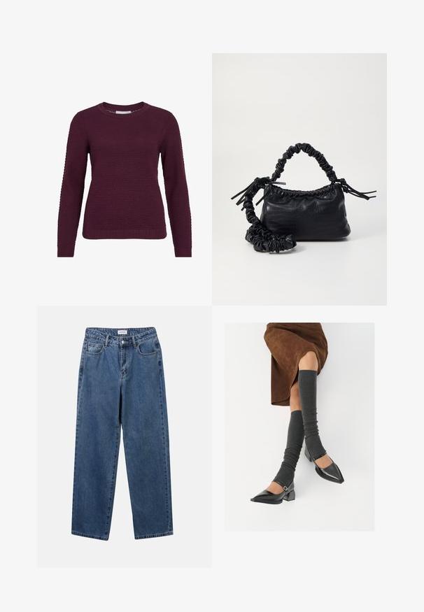 Bordo pulover s teksturiranim, saće uzorkom, okruglim vratom, dugim rukavima i rebrastim manžetama i donjim rubom.; Klasične plave traperice s ravnim nogavicama, pet džepova i dugmadom za zatvaranje. Imaju srednje pranje i čvrstu teksturu.; Crne lakirane cipele s šiljastim prstima, blok-petom i remenom oko gležnja, uparene s sivim rebrastim čarapama do koljena i smešnom suknjom od antilopa.; Crna torba od umjetne kože s teksturom krokodila, s cinčanim vrhom i naboranom trakom. Izgleda mekano i kompaktno u dizajnu.