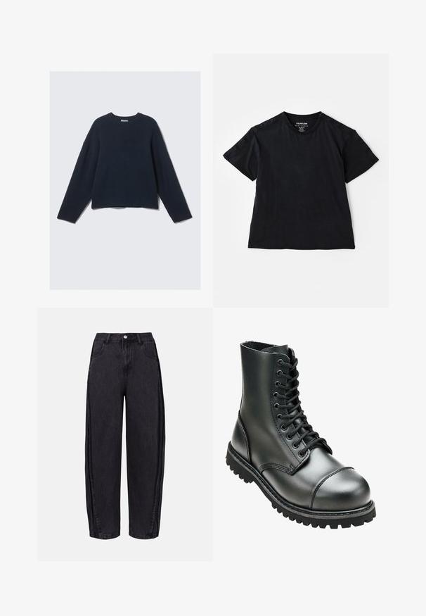 Tumesinine pikkade varrukatega kootud sviiter, millel on ümmargune kaelus ja veidi langetatud õlavarrekoht, lihtsal heledal taustal.; Must have lühikeste varrukatega must T-särk ümmarguse kaelusega, valminud pehmest kangast. Omab minimaalset õmblust ning sildikest kaela juures.; Mustad laiad teksapüksid, mis on valmistatud siledast denimist. Omavad kõrget taljejoont, esikotte ja nööpe kinnitamist talje ümber.; Must ajal nahast lahingusaapad kõrge ankuga, ümmarguse varbaga, nööridega ees ja robustse kummitaldaga, millel on sügavad mustrid haardeks.